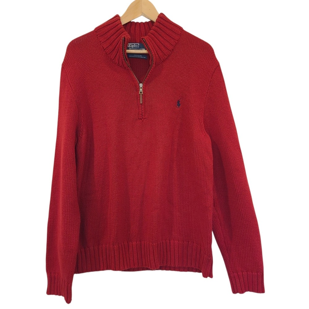 Polo Ralph Lauren Men's Red Cotton Sweater Medium Chunky 1/4 Zip Pullover Preppy